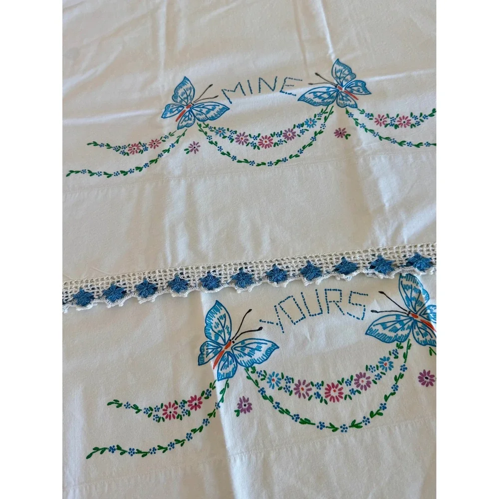 Vintage Mine and Yours Hand Embroidered Pillowcase Set Butterfly Crochet Lace